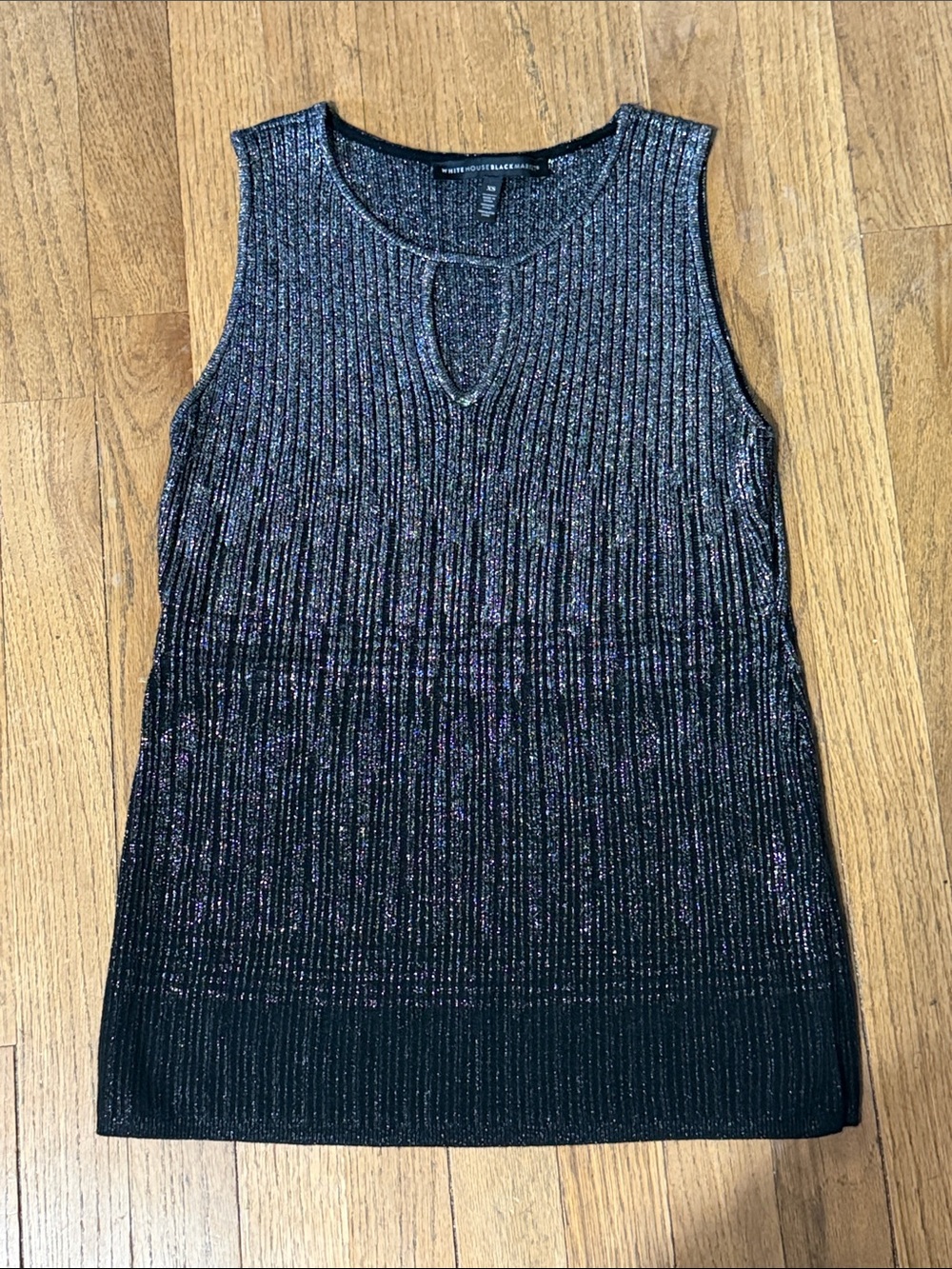 White House Black Market Black Metallic Ribbed Keyhole Top